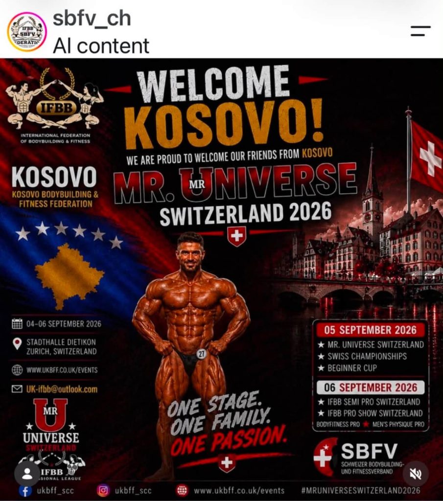 Poster „Welcome Kosovo” organizatora Mr. Universe Switzerland 2026.