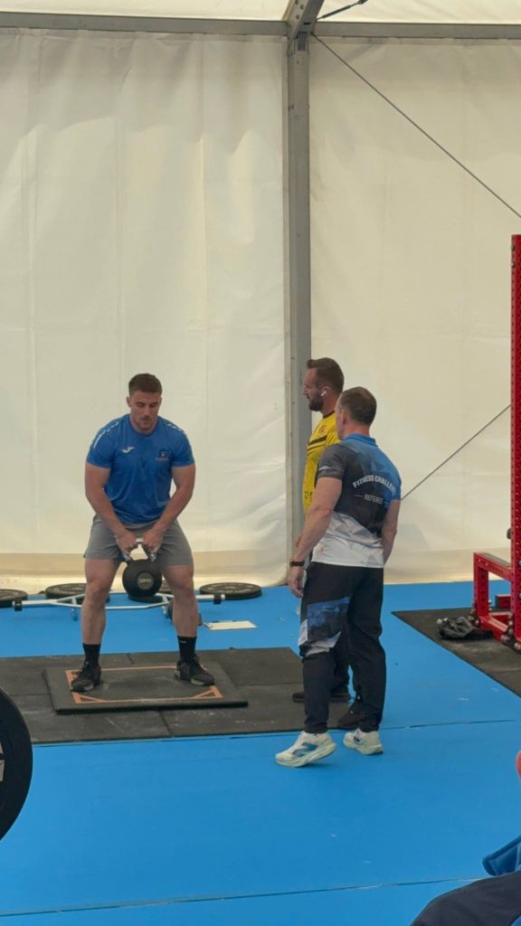 A Kosovo athlete in the kettlebell event of Fitness Challenge at the 2026 European Championships.